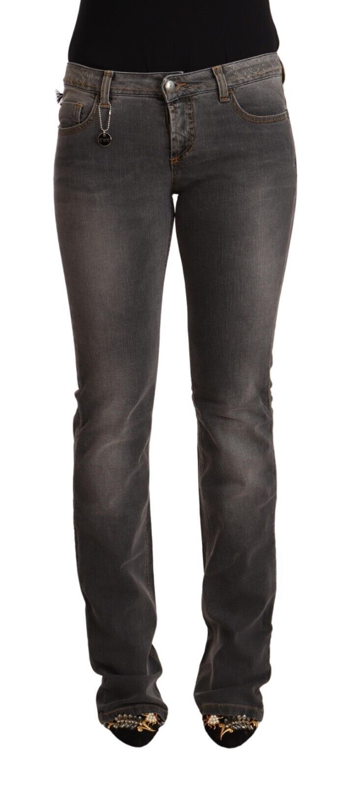 Grå tvättade raka denimjeans med låg midja