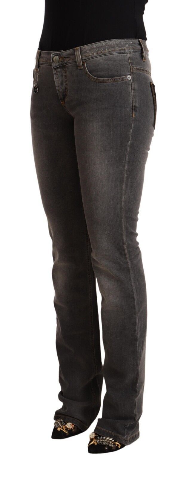 Grå tvättade raka denimjeans med låg midja