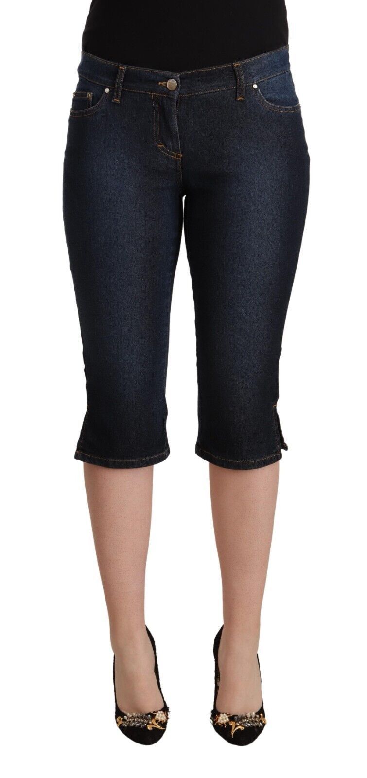 Blå bomullsstretchiga smala capri-jeans med låg midja