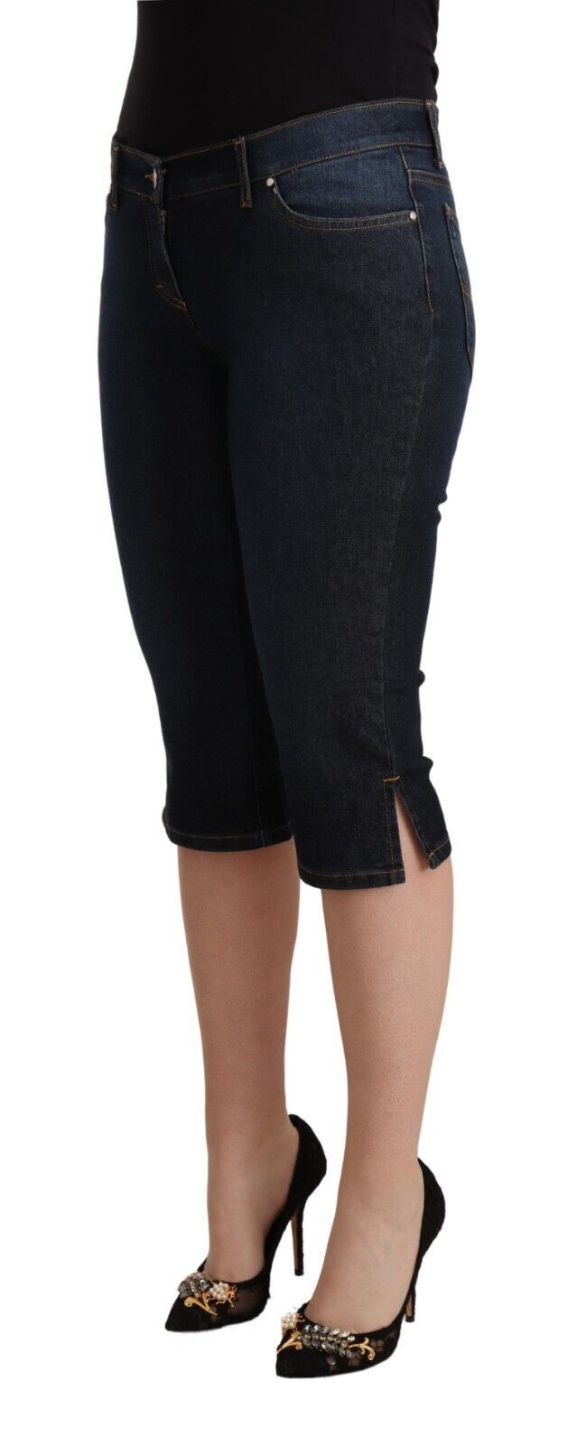 Blå bomullsstretchiga smala capri-jeans med låg midja