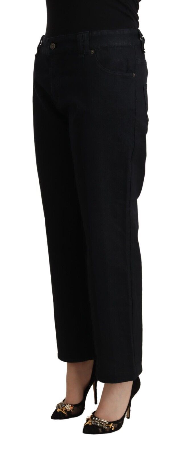 Svarta utsvängda, korta jeans med hög midja i bomull