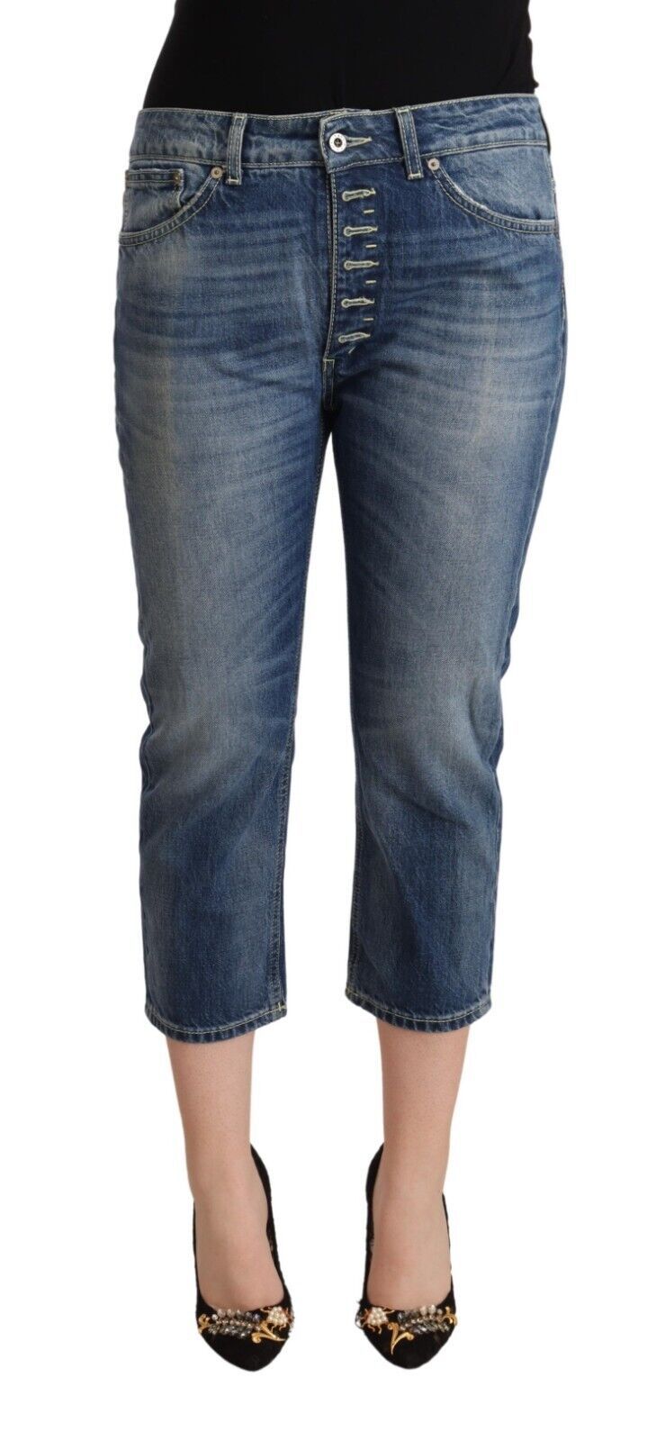 Blå tvättade Capri-jeans med medelhög midja