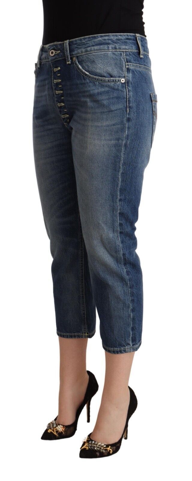 Blå tvättade Capri-jeans med medelhög midja