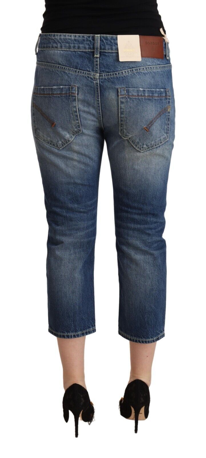 Blå tvättade Capri-jeans med medelhög midja
