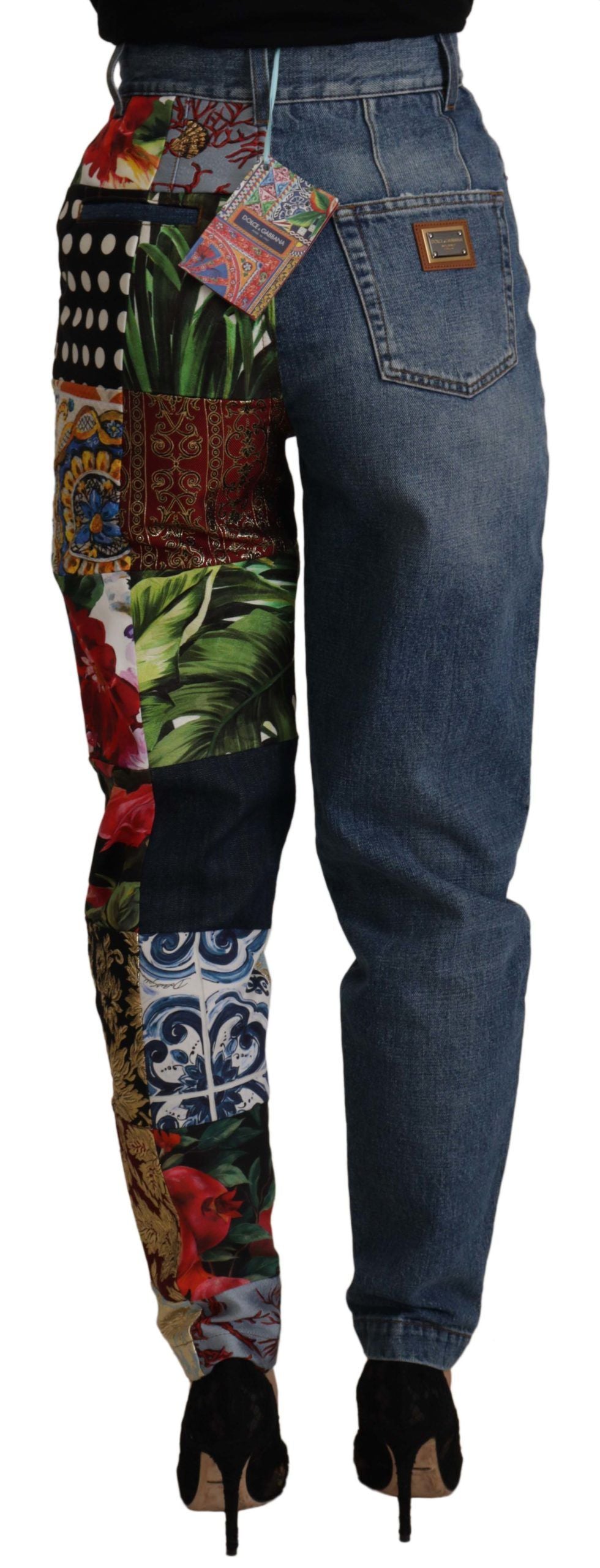 Blå jeans med jacquard-majolica-bukser med høy midje