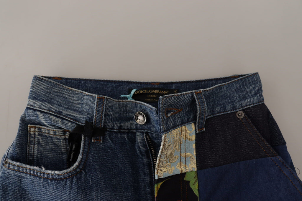 Blå jeans med jacquard-majolica-bukser med høy midje