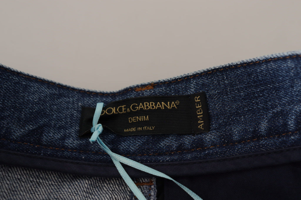 Blå jeans med jacquard-majolica-bukser med høy midje