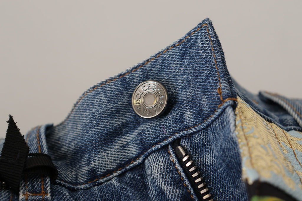 Blå jeans med jacquard-majolica-bukser med høy midje