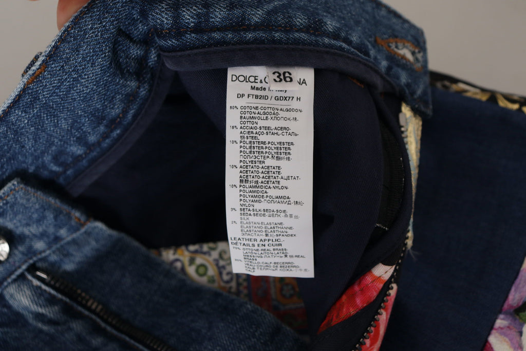 Blå jeans med jacquard-majolica-bukser med høy midje