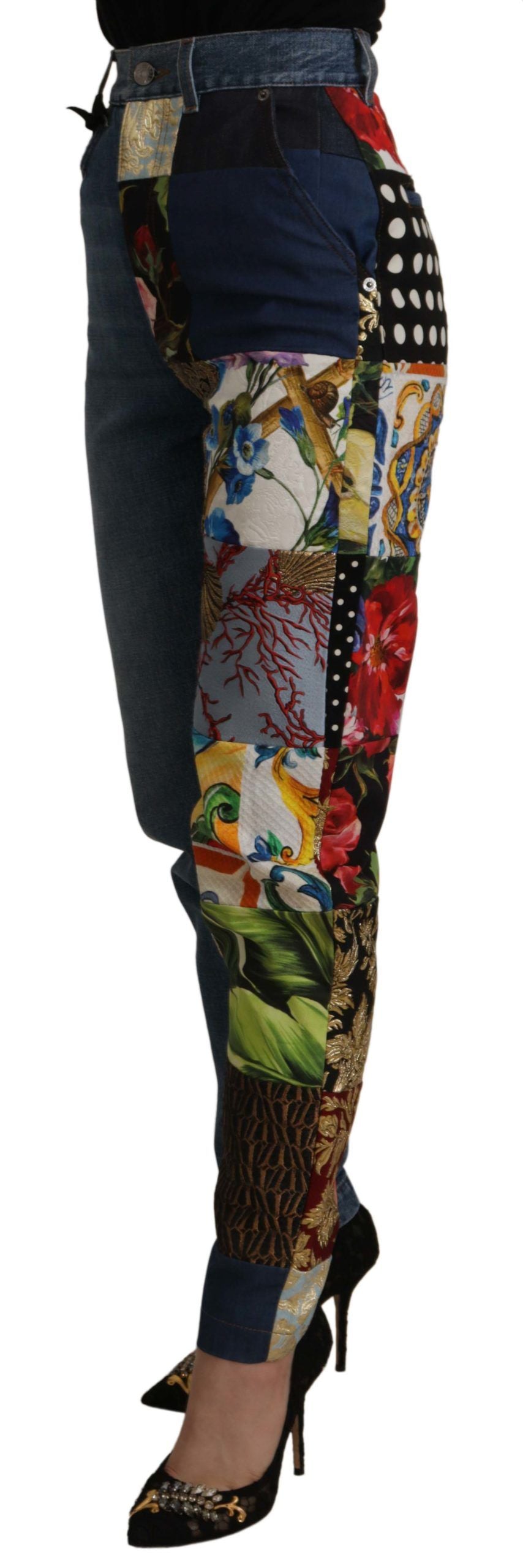 Blå jeans med jacquard-majolica-bukser med høy midje