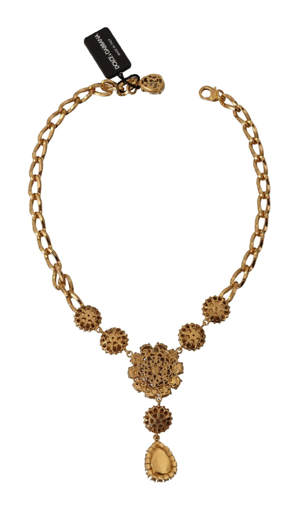 Halsband med hängen i guldmässing med kristaller och lila rosa pärlor