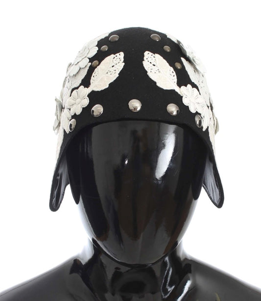 Dolce &amp; Gabbana Svart Ull Vit Blommig Guldbladshatt