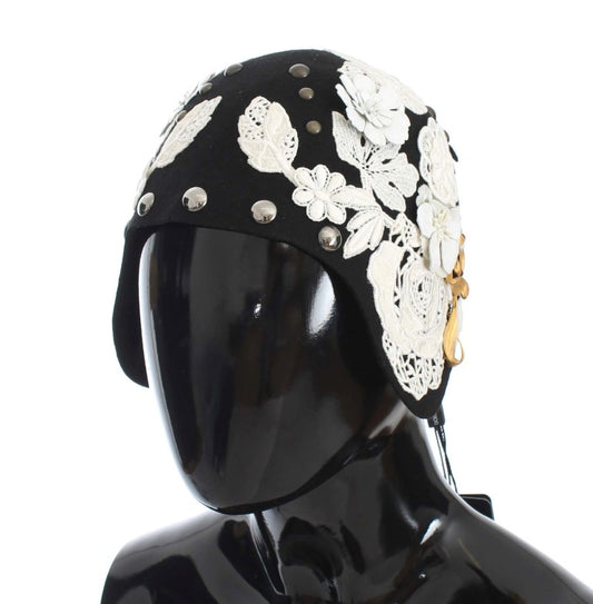 Dolce &amp; Gabbana Svart Ull Vit Blommig Guldbladshatt