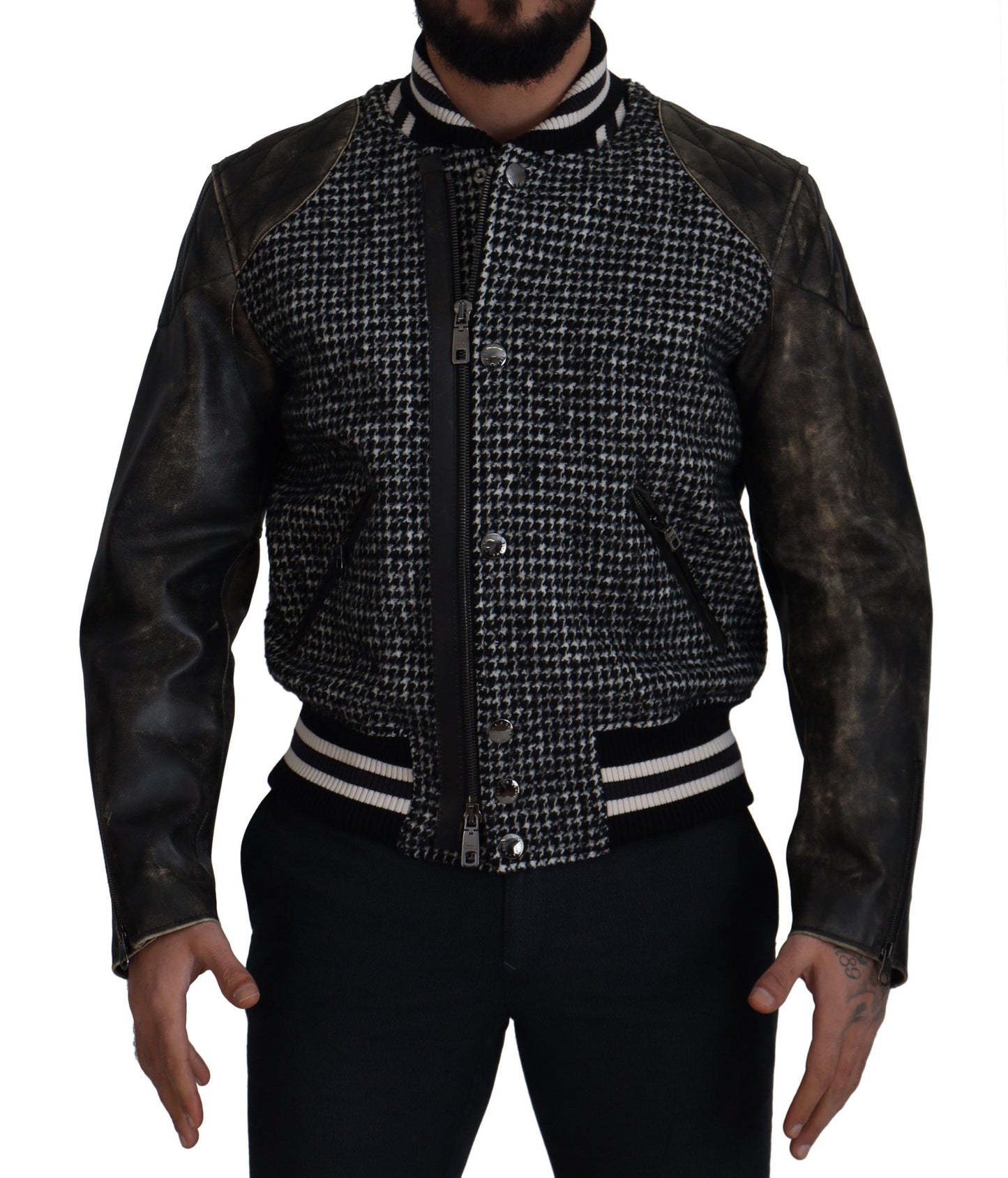 Dolce &amp; Gabbana svart hundtandsmönstrad bomberjacka i polyester