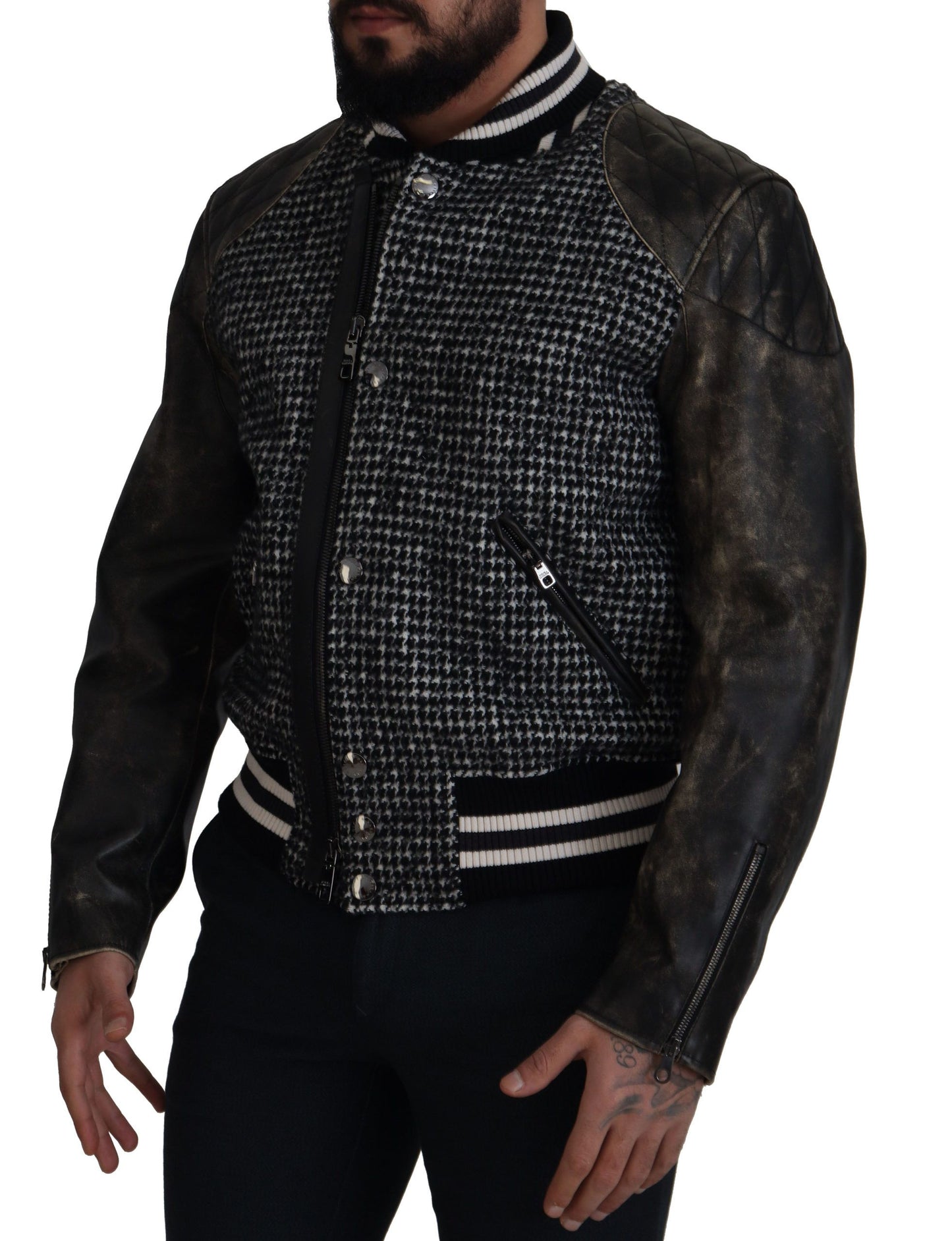 Dolce &amp; Gabbana svart hundtandsmönstrad bomberjacka i polyester