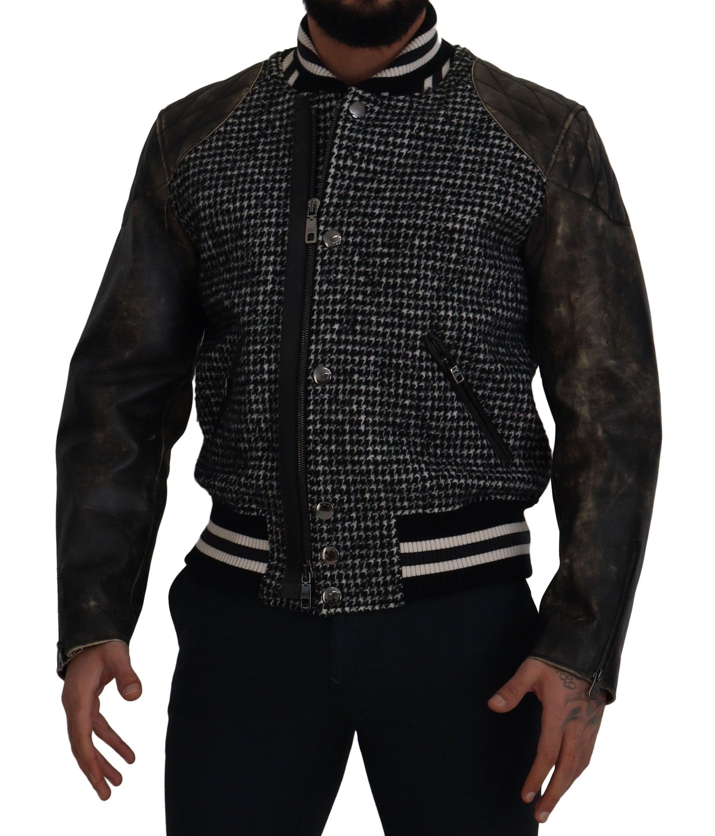 Dolce &amp; Gabbana svart hundtandsmönstrad bomberjacka i polyester