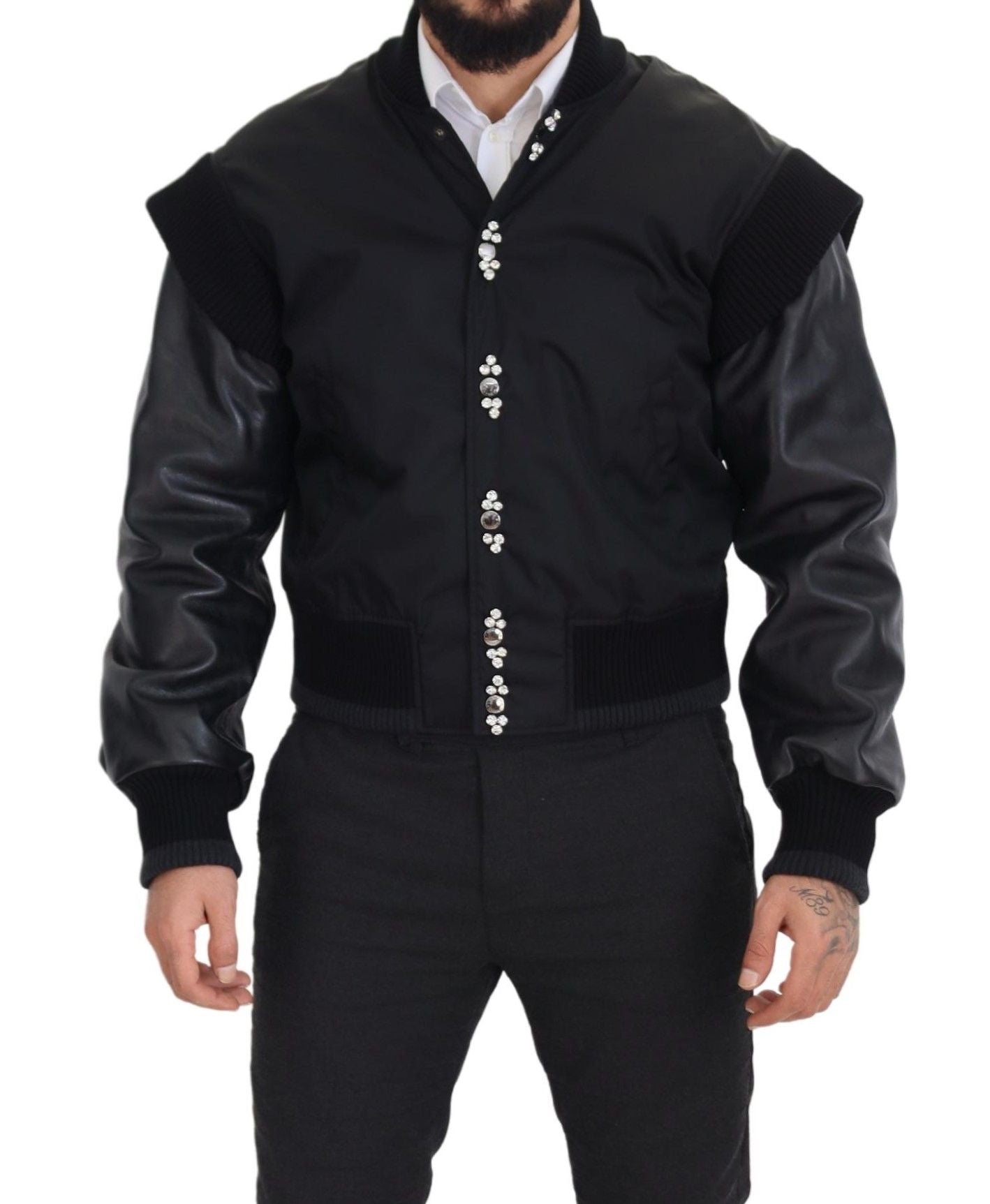 Dolce &amp; Gabbana svart nylonkrystaller frakk med knapper