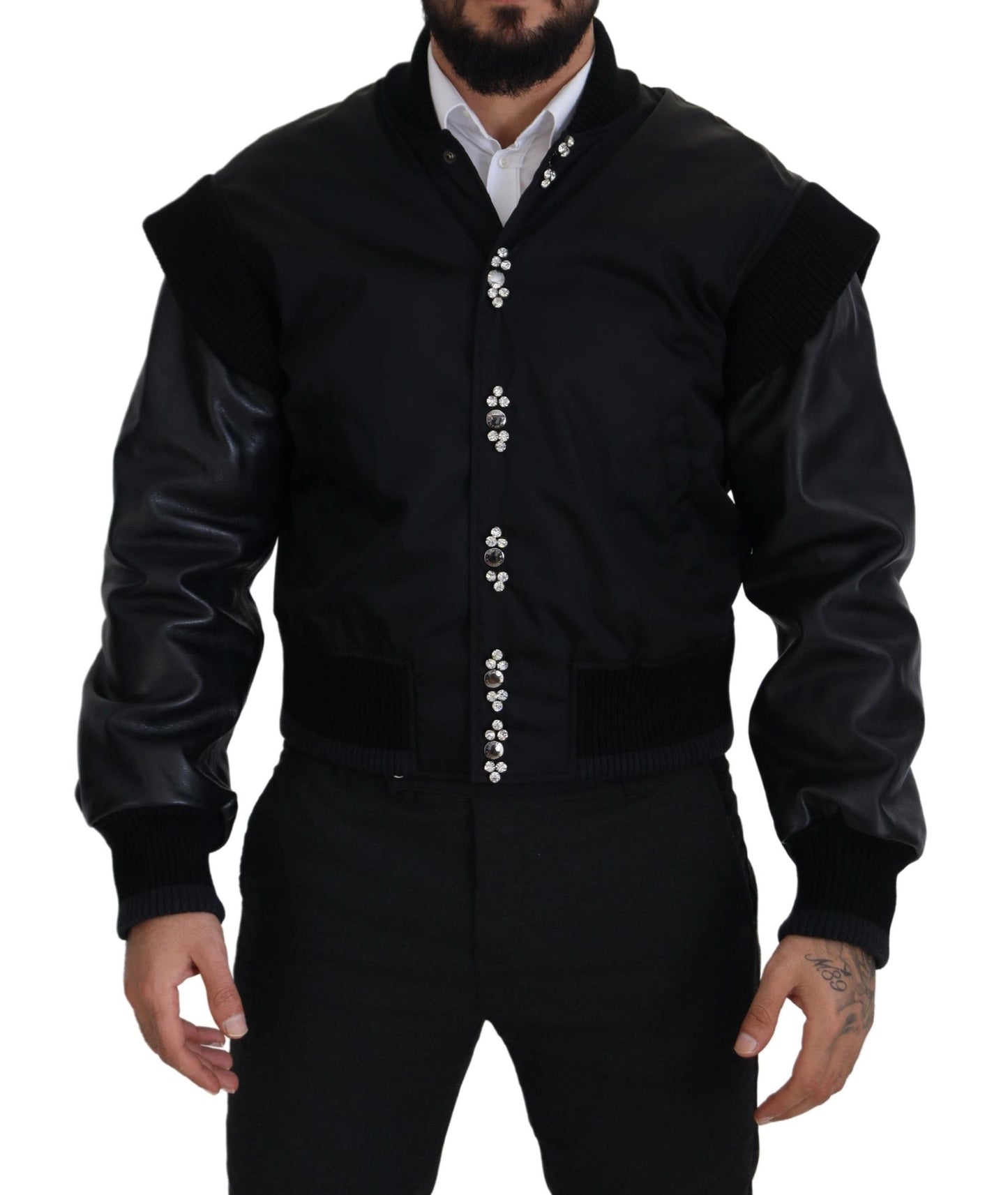 Dolce &amp; Gabbana svart nylonkrystaller frakk med knapper