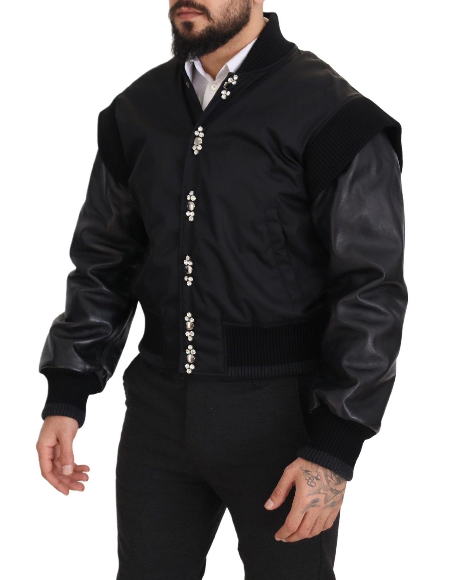 Dolce &amp; Gabbana svart nylonkrystaller frakk med knapper