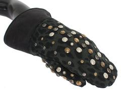 Dolce & Gabbana Gray Wool Shearling Studded Green Leopard Gloves