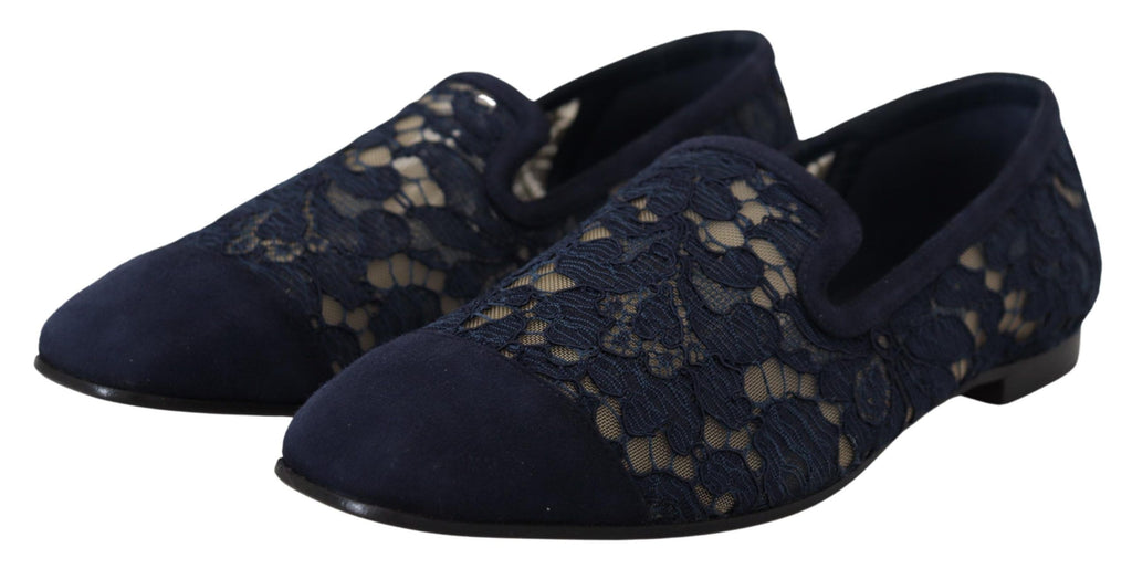 Blå blommiga spets slip-ons loafers platta skor