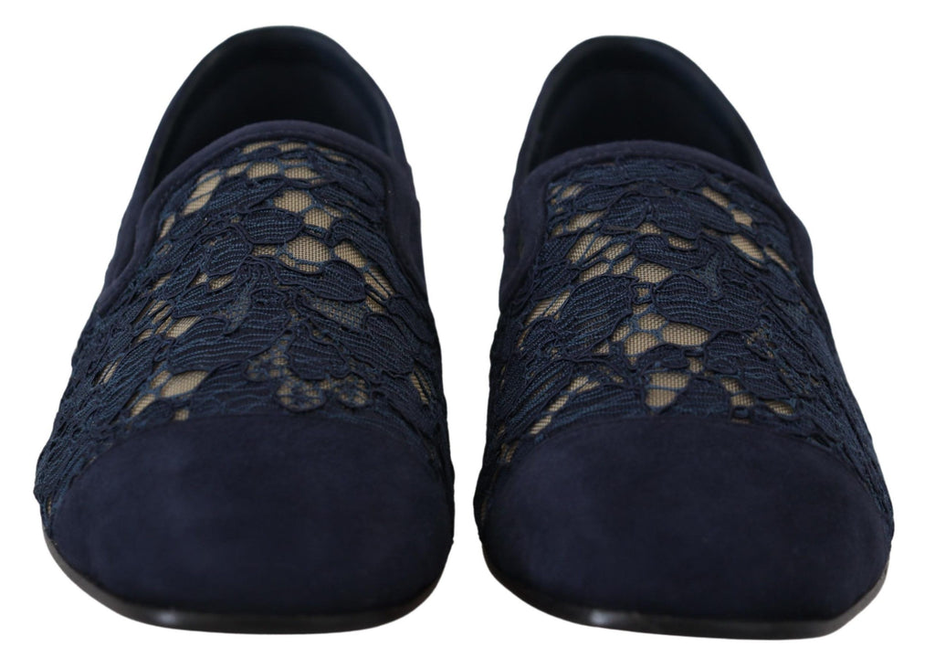 Blå blommiga spets slip-ons loafers platta skor