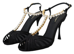 Dolce & Gabbana Black Satin Clear Crystal T-strap Sandal Shoes