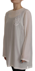 Dolce & Gabbana White Silk DG Logo Embroidered Long Sleeves Blouse