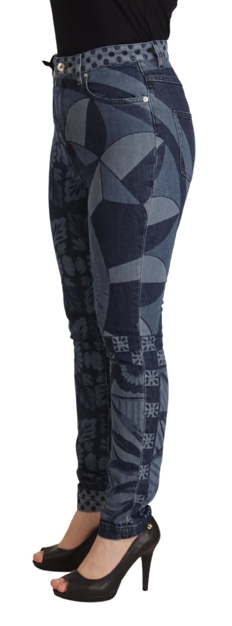 Blå blommiga skinny jeans med hög midja
