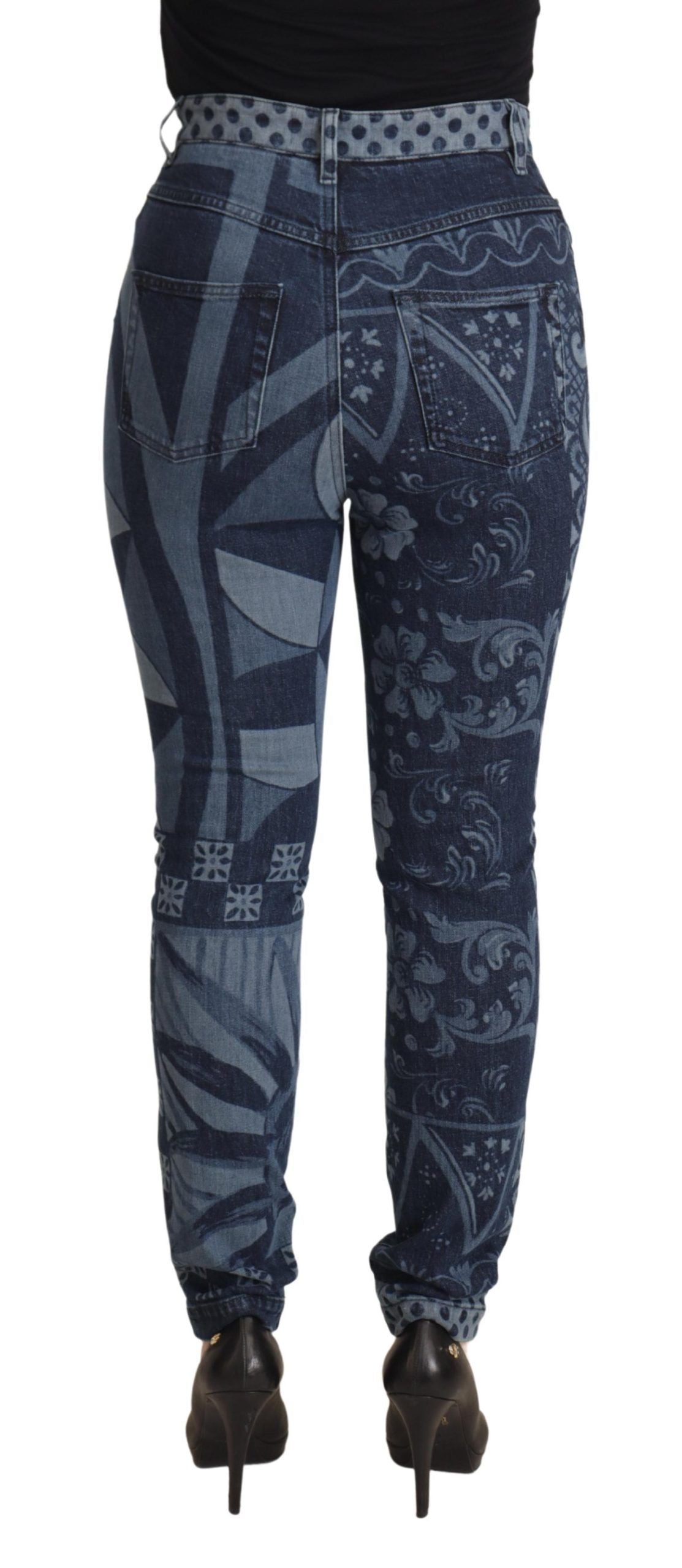 Blå blommiga skinny jeans med hög midja