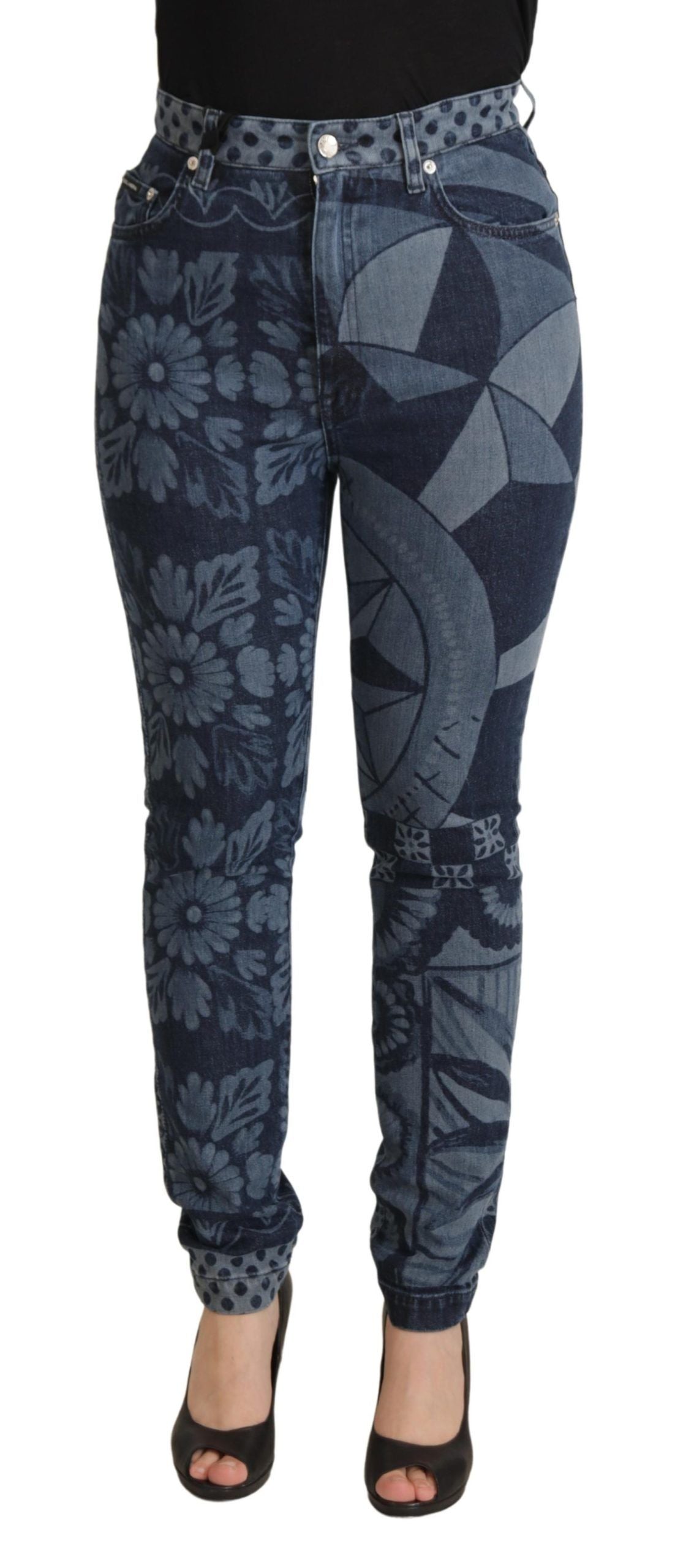 Blå blommiga skinny jeans med hög midja