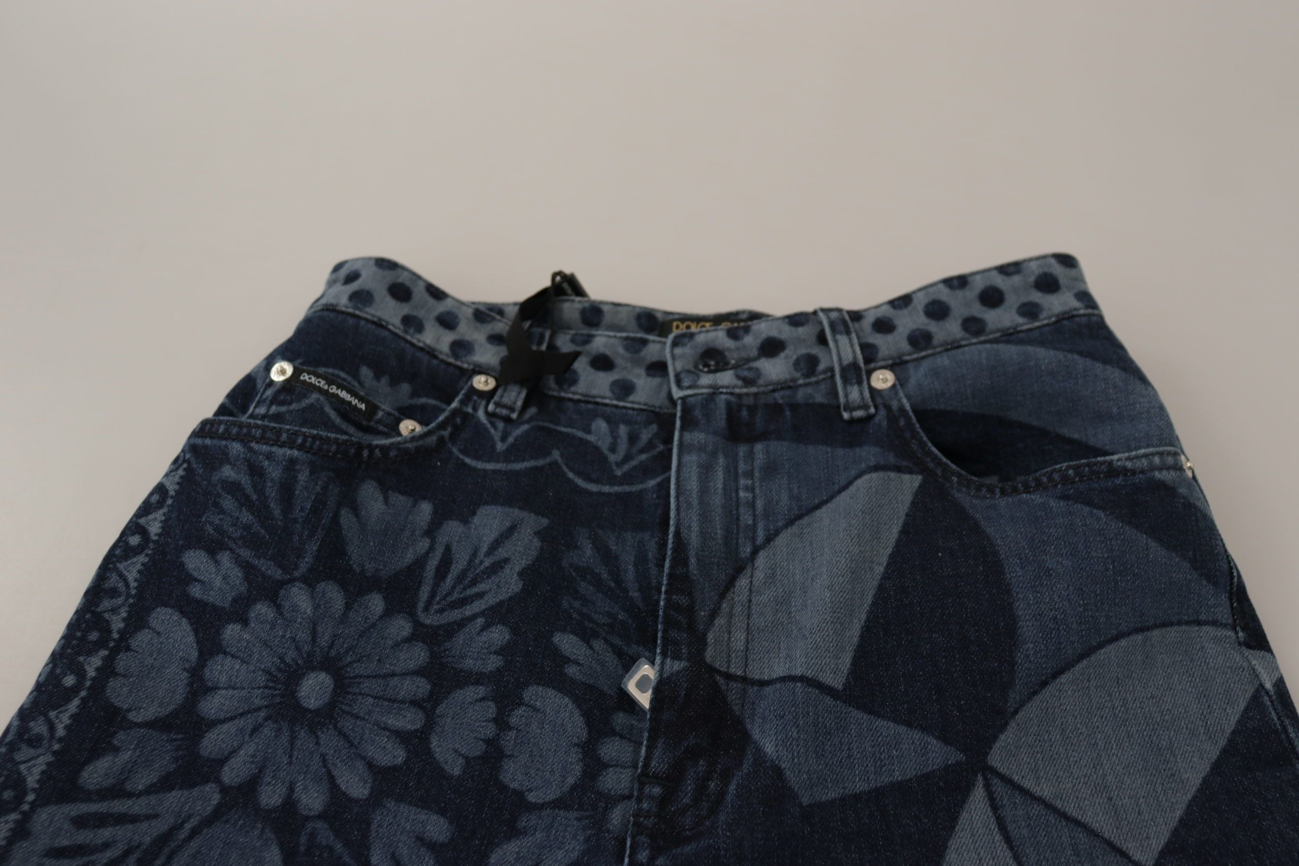 Blå blommiga skinny jeans med hög midja