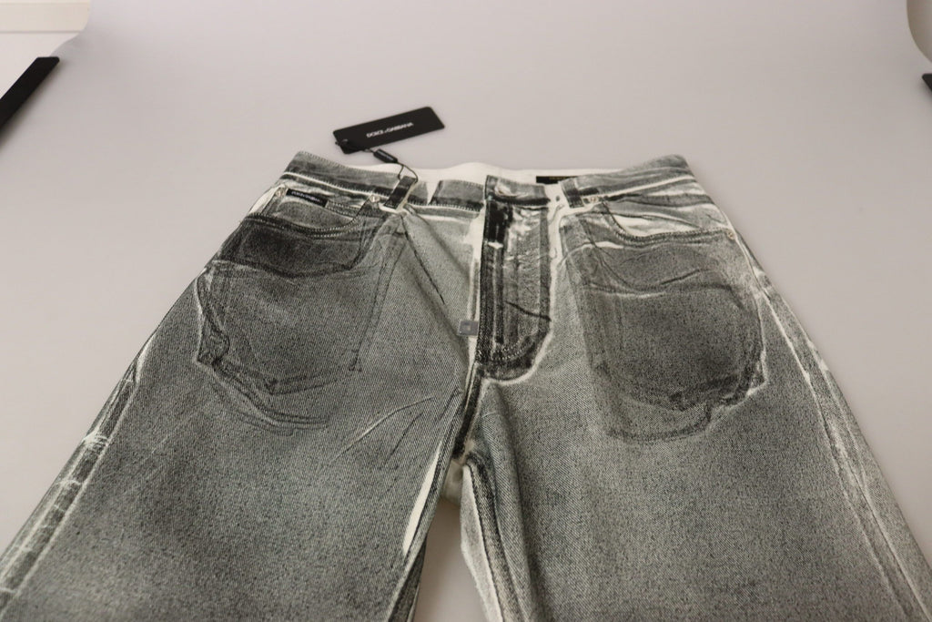 Grå tvättade högmidjade denimbyxor i bomull