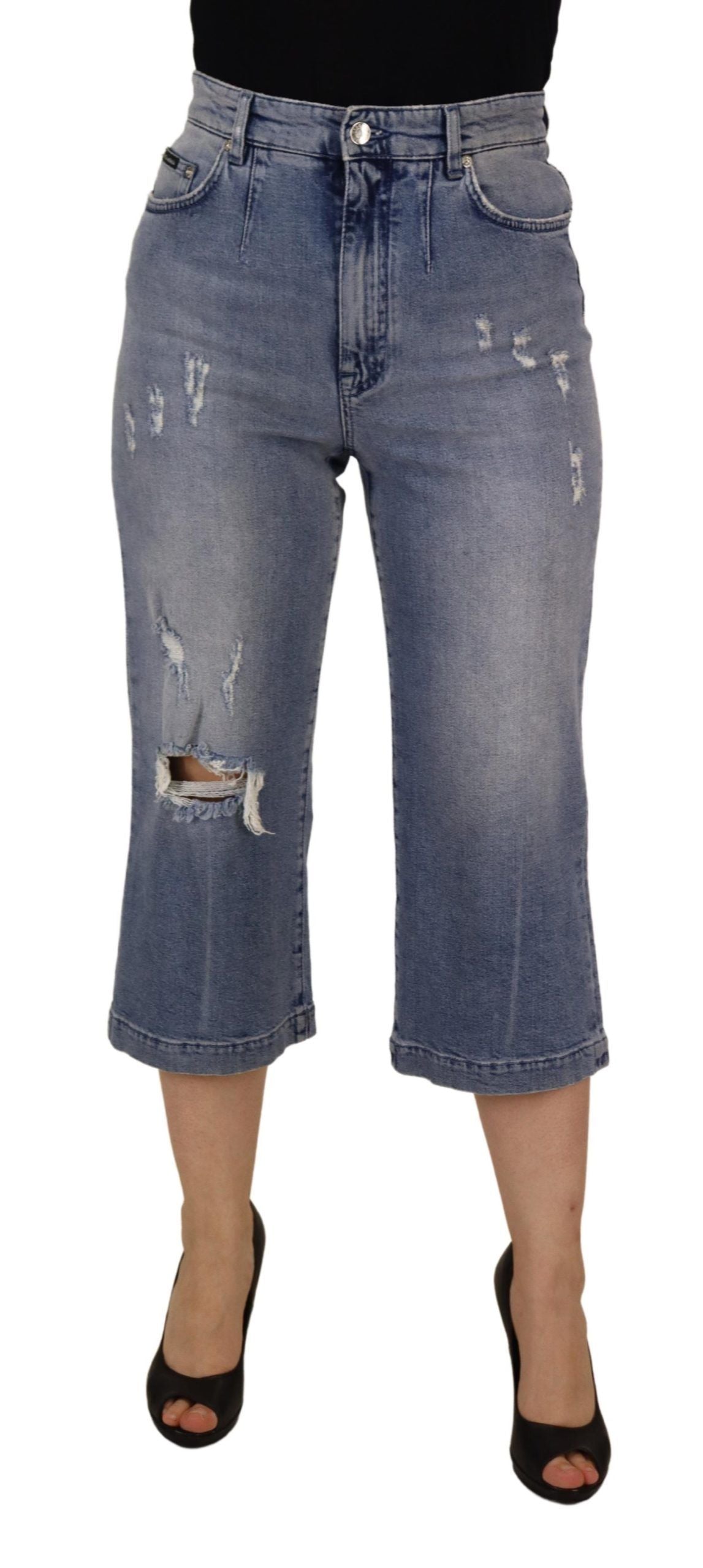 Blå tvättade högmidjade cropped denimjeans