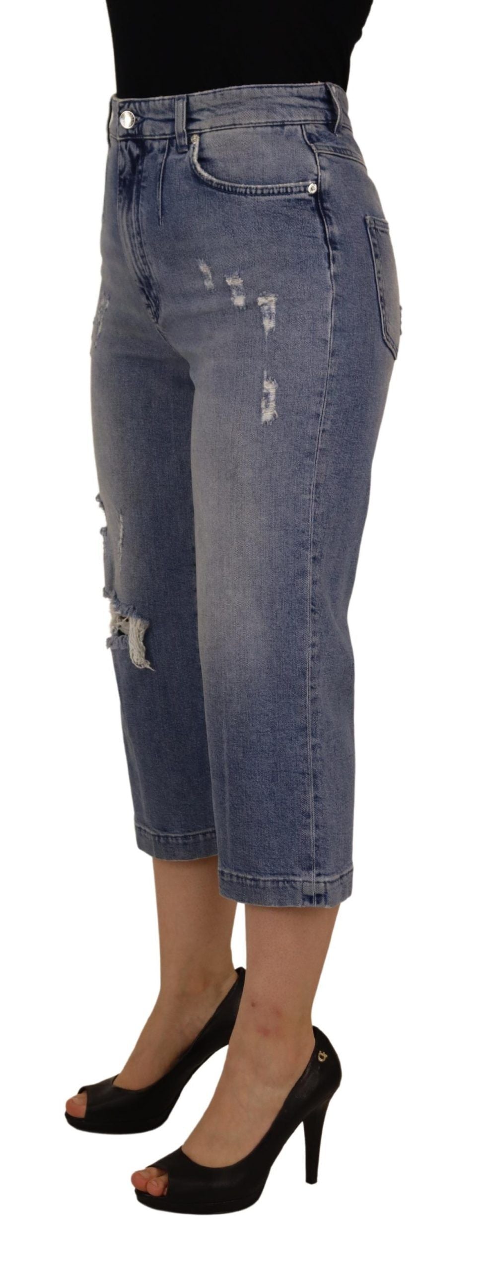 Blå tvättade högmidjade cropped denimjeans