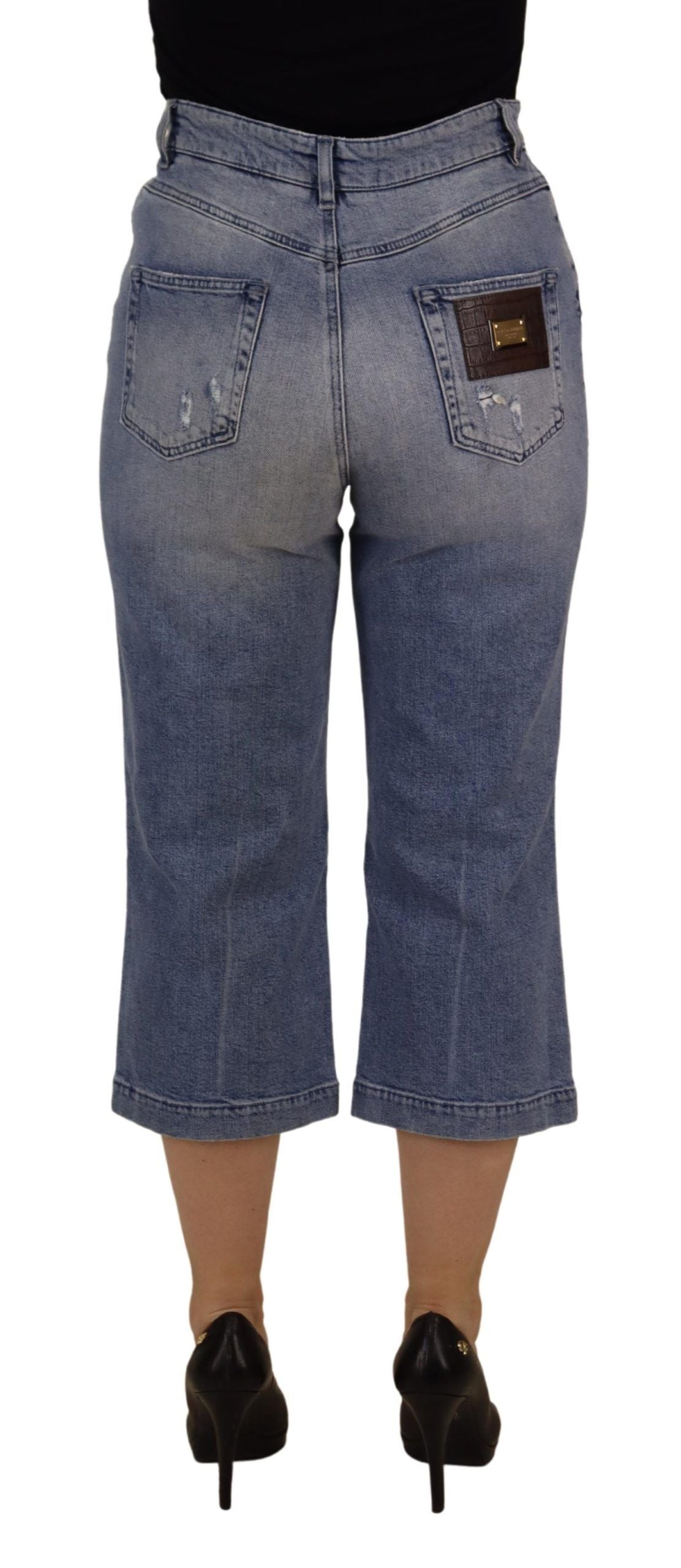 Blå tvättade högmidjade cropped denimjeans