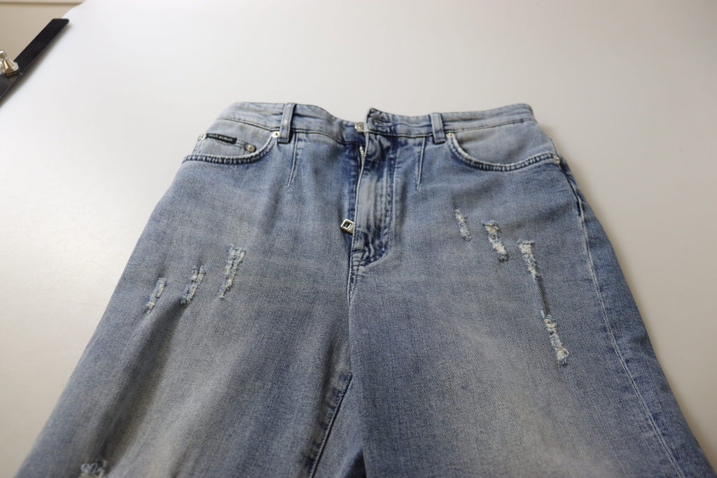 Blå tvättade högmidjade cropped denimjeans