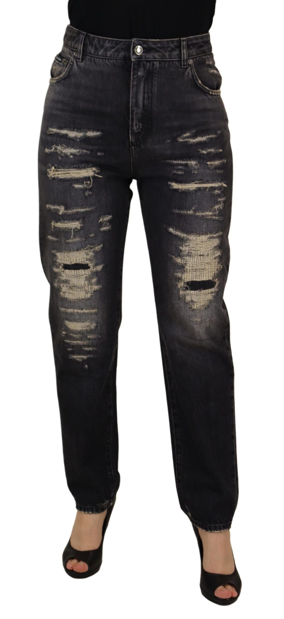 Svarta tvättade, slitna jeans med hög midja