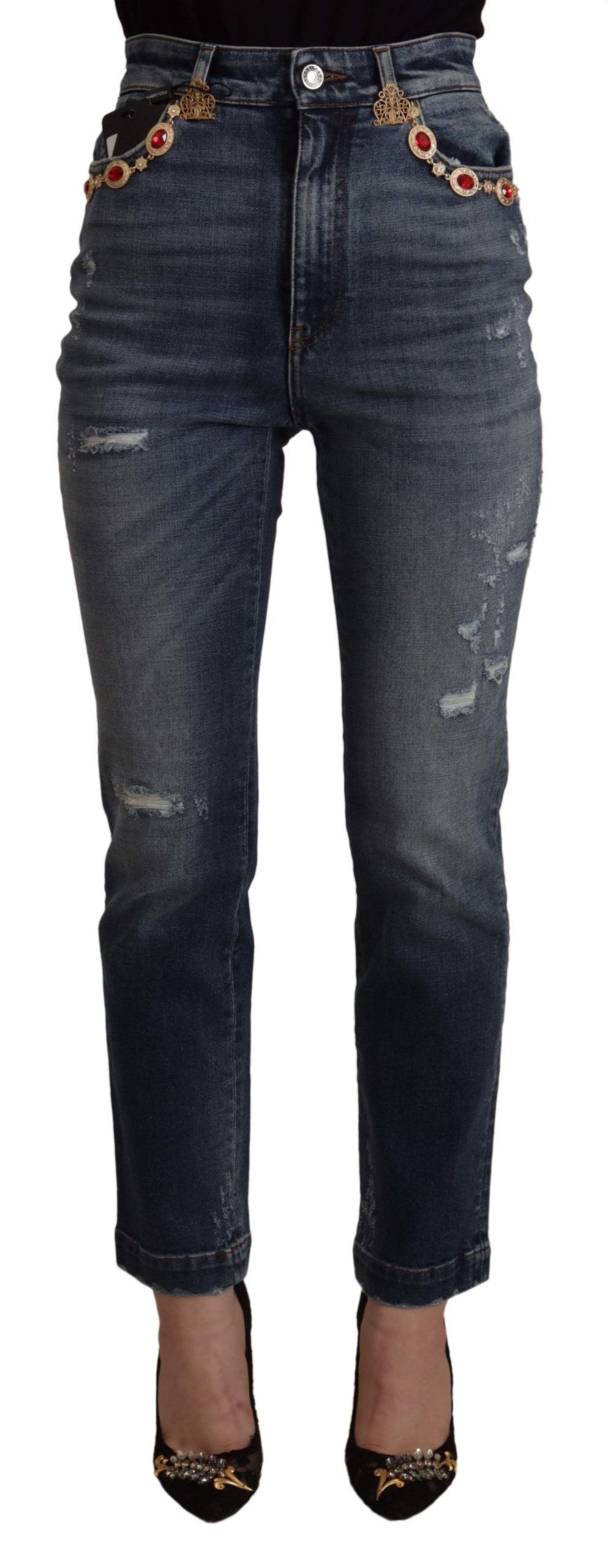 Blå denimbyxor med kristallutsmyckning och jeans