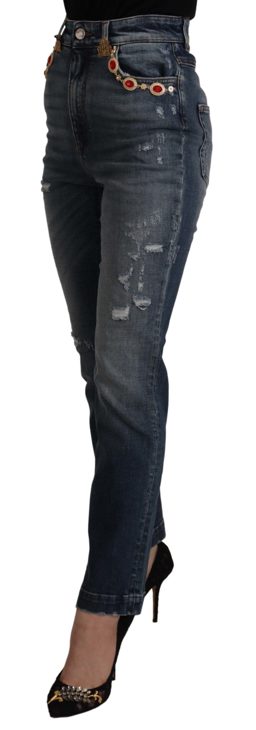Blå denimbyxor med kristallutsmyckning och jeans
