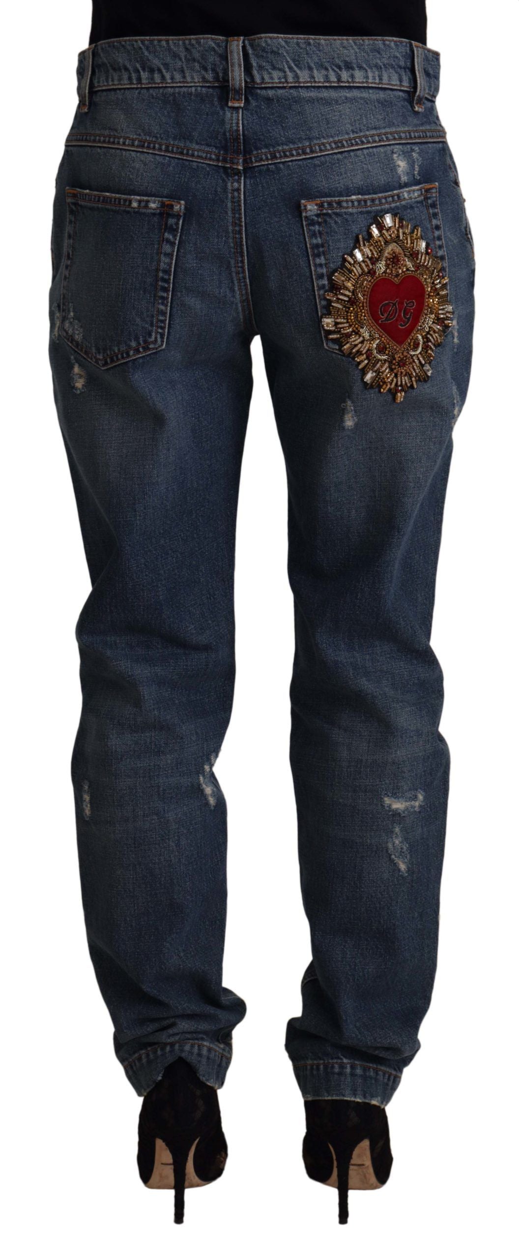 Blå denimbyxor med barockt hjärta och logotypmärke