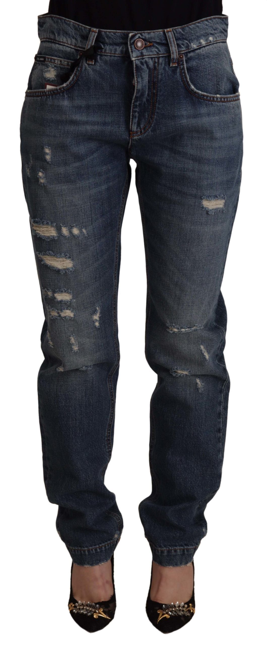Blå denimbyxor med barockt hjärta och logotypmärke