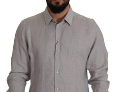 Dolce & Gabbana Gray Linen Long Sleeves Formal GOLD Shirt