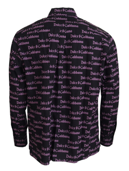 Dolce &amp; Gabbana Svart Lila Logo Slim Dress Formal Skjorta
