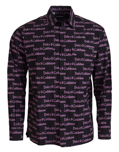 Dolce &amp; Gabbana Svart Lila Logo Slim Dress Formal Skjorta