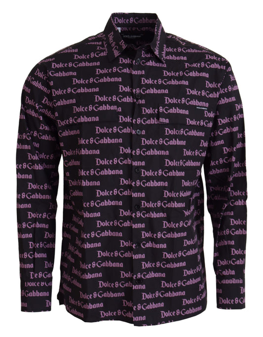 Dolce &amp; Gabbana Svart Lila Logo Slim Dress Formal Skjorta