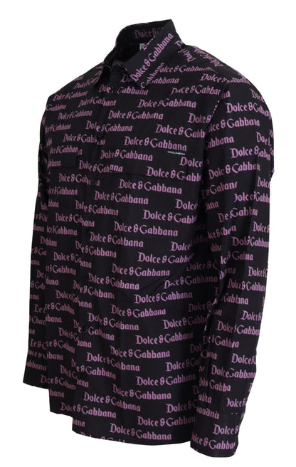 Dolce &amp; Gabbana Svart Lila Logo Slim Dress Formal Skjorta
