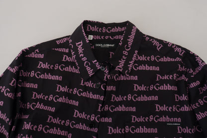 Dolce &amp; Gabbana Svart Lila Logo Slim Dress Formal Skjorta