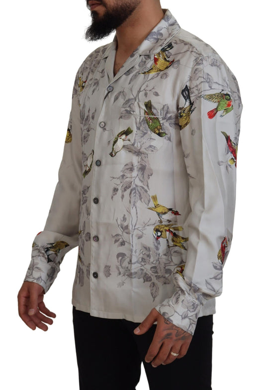 Dolce &amp; Gabbana Vit Fågelmönstrad Siden-Satin Casual Skjorta