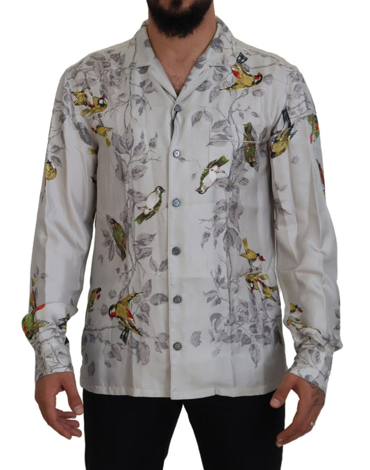 Dolce &amp; Gabbana Vit Fågelmönstrad Siden-Satin Casual Skjorta